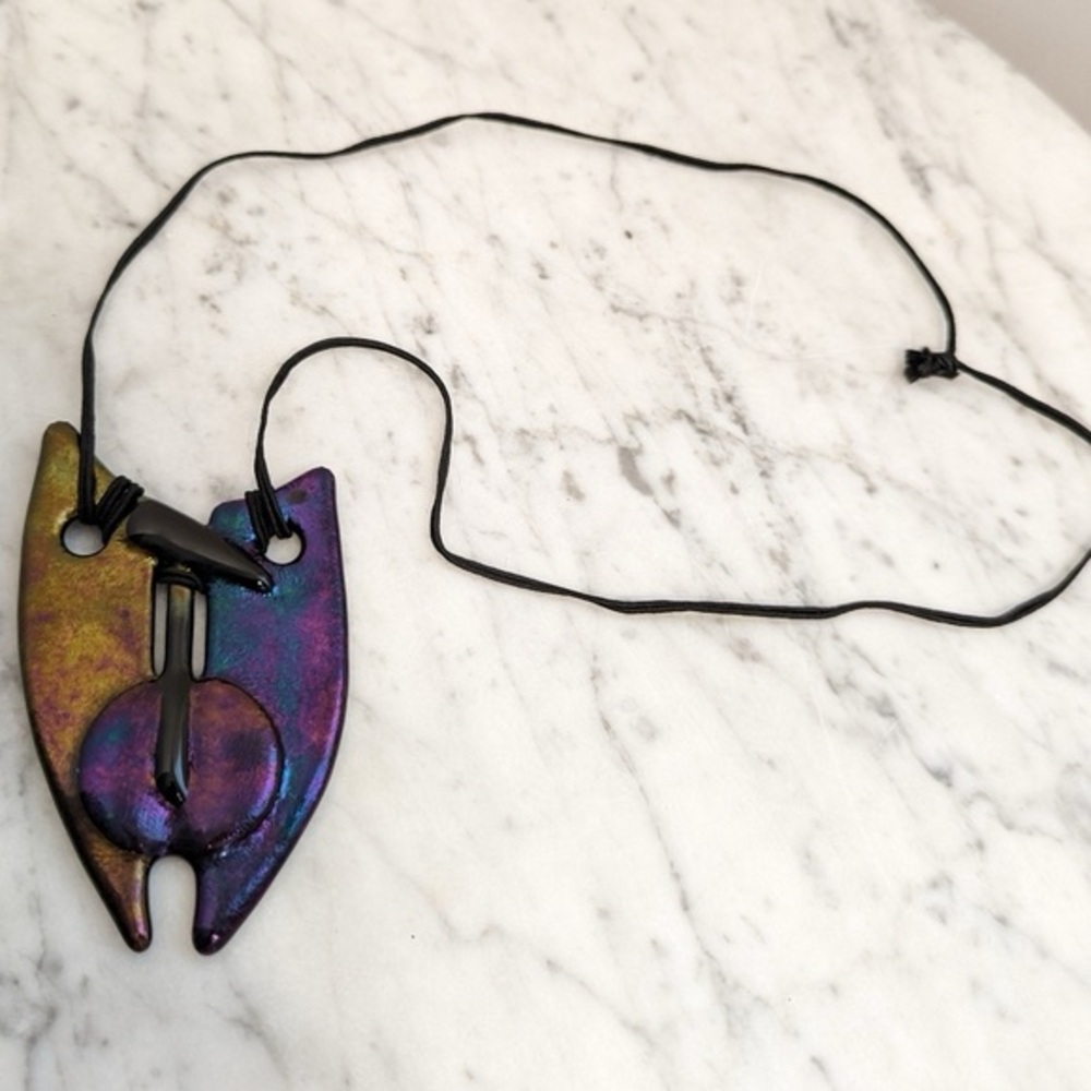 Abstract Black Glass Necklace With Dichroic Finish